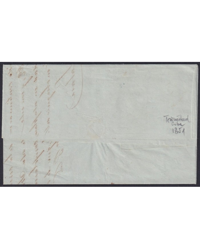 PREFI-814 CUBA SPAIN 1851 STAMPLESS MARITIME MAIL Nº4 BLUE. TRINIDAD TO CADIZ.