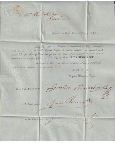 PREFI-814 CUBA SPAIN 1851 STAMPLESS MARITIME MAIL Nº4 BLUE. TRINIDAD TO CADIZ.