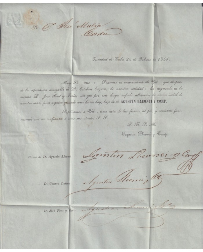 PREFI-814 CUBA SPAIN 1851 STAMPLESS MARITIME MAIL Nº4 BLUE. TRINIDAD TO CADIZ.