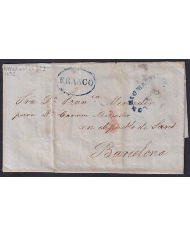 PREFI-815 CUBA SPAIN 1851 STAMPLESS MARITIME MAIL Nº4 BLUE. HAVANA TO BARCELONA.