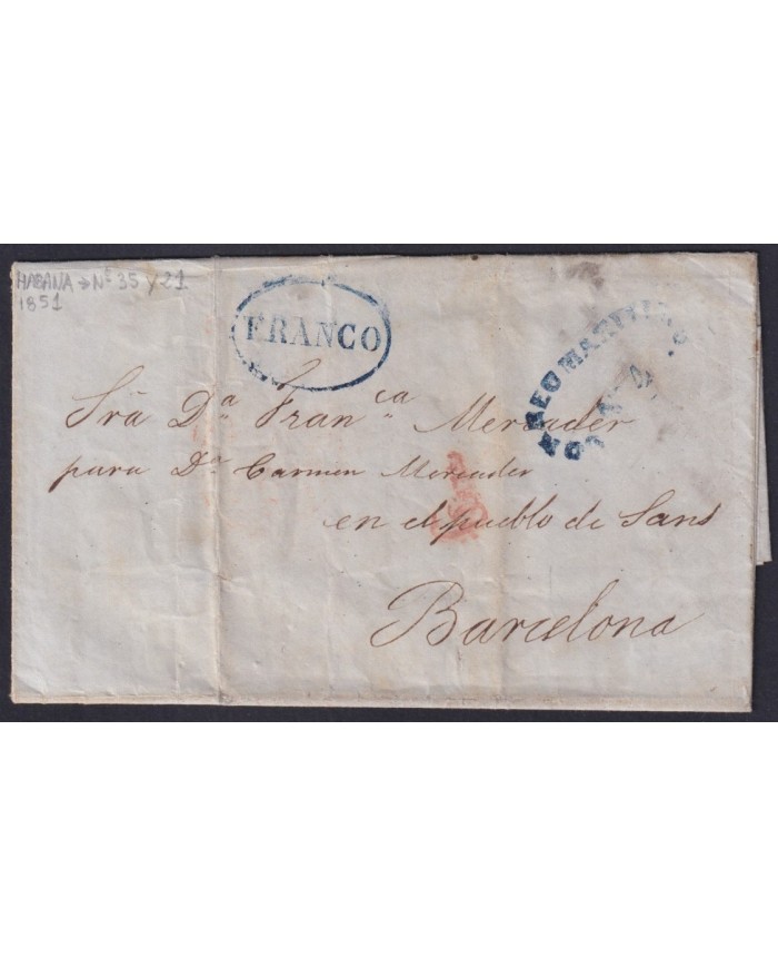 PREFI-815 CUBA SPAIN 1851 STAMPLESS MARITIME MAIL Nº4 BLUE. HAVANA TO BARCELONA.