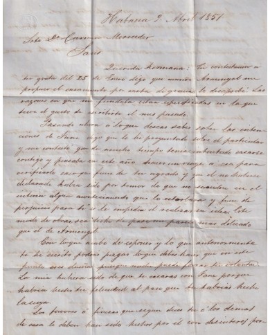 PREFI-815 CUBA SPAIN 1851 STAMPLESS MARITIME MAIL Nº4 BLUE. HAVANA TO BARCELONA.