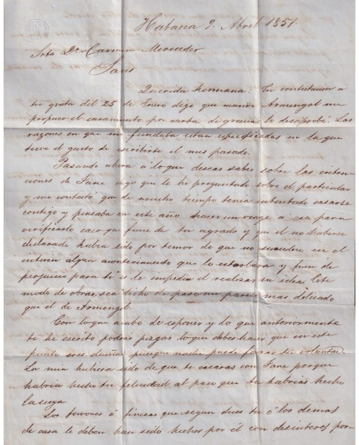 PREFI-815 CUBA SPAIN 1851 STAMPLESS MARITIME MAIL Nº4 BLUE. HAVANA TO BARCELONA.