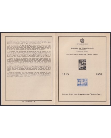 PRP-400 CUBA FDC 1952 PROPAGANDA AGUSTIN PARLA ISSUE.