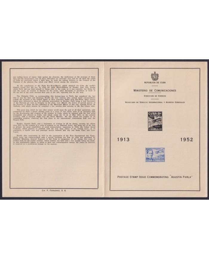PRP-400 CUBA FDC 1952 PROPAGANDA AGUSTIN PARLA ISSUE.