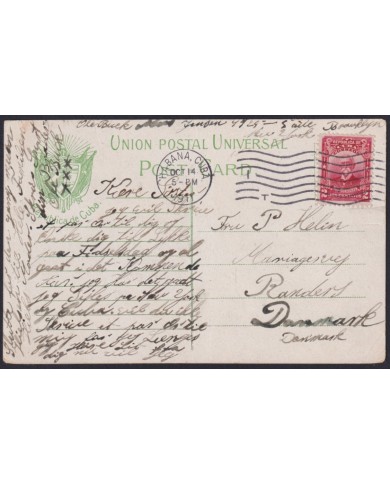 POS-1878 CUBA POSTCARD 1911 ZAPATEO DANCE & CUBAN FLAG TO DANMARK.