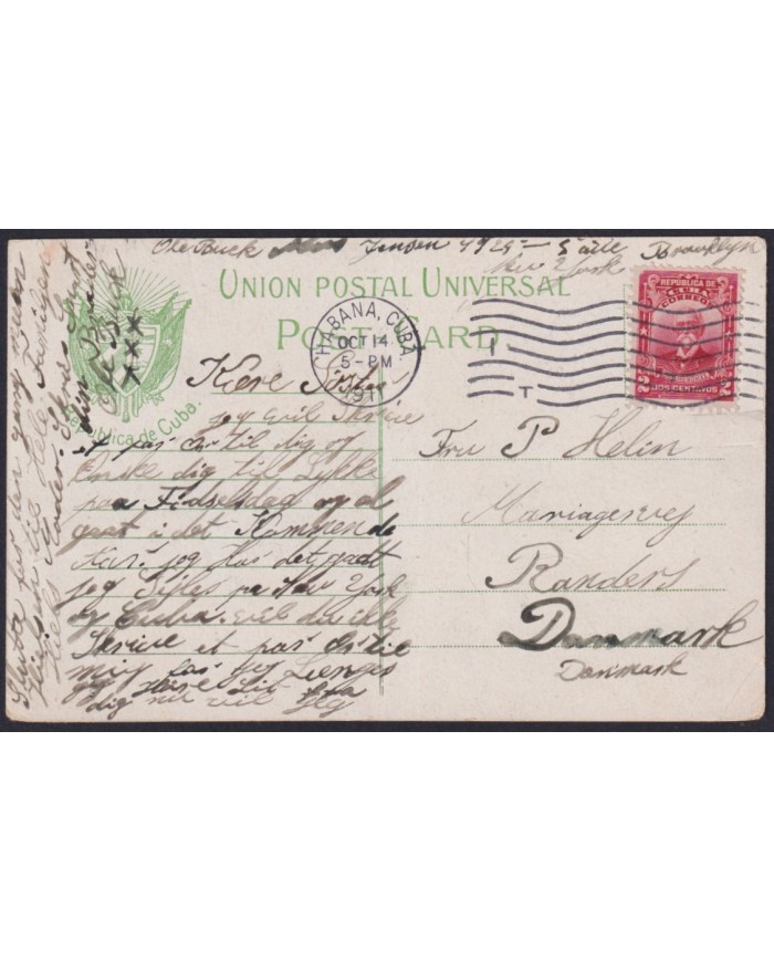 POS-1878 CUBA POSTCARD 1911 ZAPATEO DANCE & CUBAN FLAG TO DANMARK.