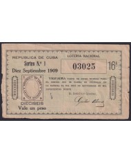 LOT-445 CUBA LOTTERY 1909. SORTEO Nº1. 10/ SEPT/ 1909. RARE.
