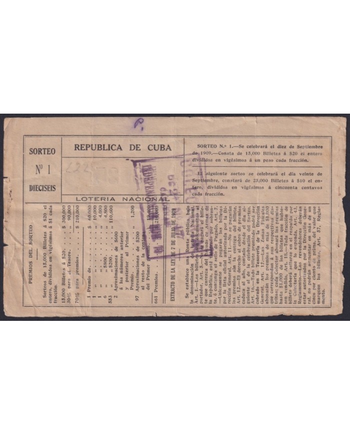 LOT-445 CUBA LOTTERY 1909. SORTEO Nº1. 10/ SEPT/ 1909. RARE.