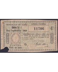 LOT-446 CUBA LOTTERY 1909. SORTEO Nº1. 10/ SEPT/ 1909. RARE. ROTURA VISIBLE.