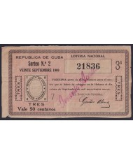 LOT-447 CUBA LOTTERY 1909. SORTEO Nº2. 20/ SEPT/ 1909. RARE.