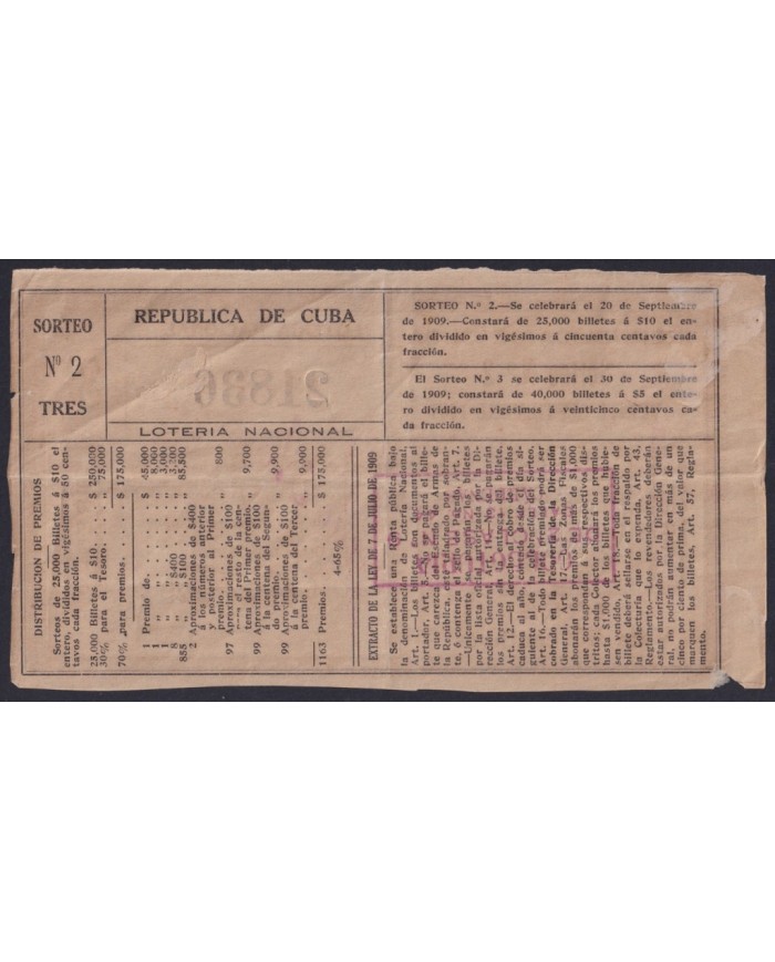 LOT-447 CUBA LOTTERY 1909. SORTEO Nº2. 20/ SEPT/ 1909. RARE.
