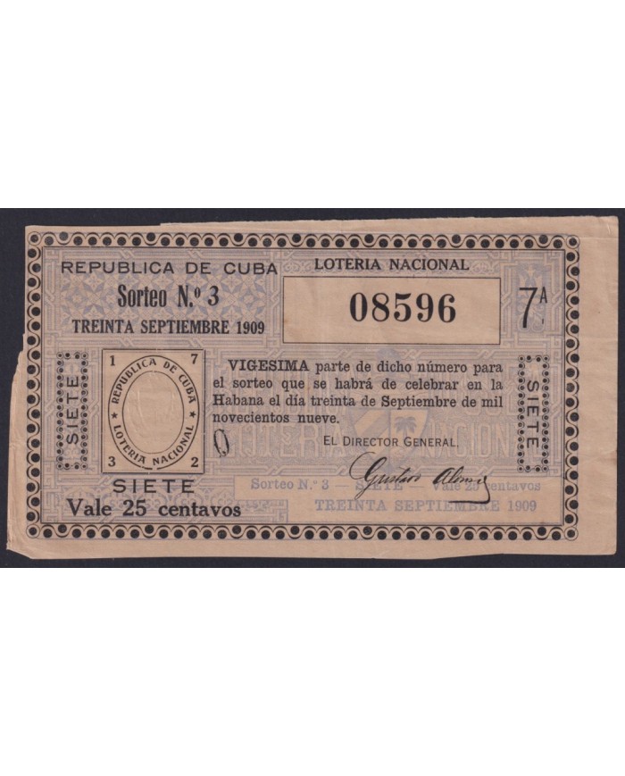 LOT-448 CUBA LOTTERY 1909. SORTEO Nº3. 30/ SEPT/ 1909. RARE.