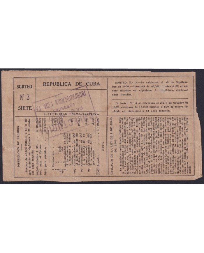 LOT-448 CUBA LOTTERY 1909. SORTEO Nº3. 30/ SEPT/ 1909. RARE.