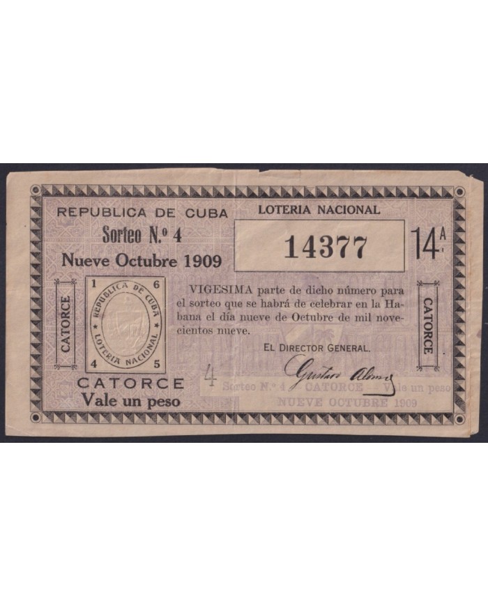 LOT-449 CUBA LOTTERY 1909. SORTEO Nº4. 9/ OCT/ 1909. RARE.