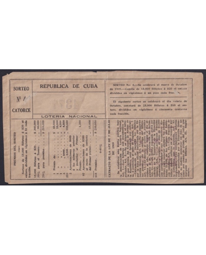 LOT-449 CUBA LOTTERY 1909. SORTEO Nº4. 9/ OCT/ 1909. RARE.