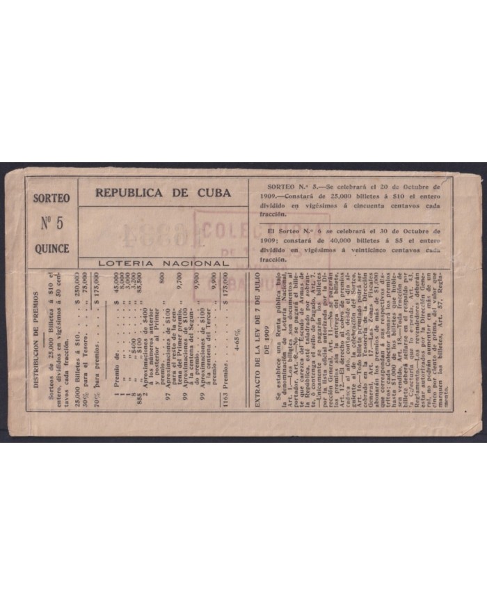 LOT-450 CUBA LOTTERY 1909. SORTEO Nº5. 20/ OCT/ 1909. RARE.