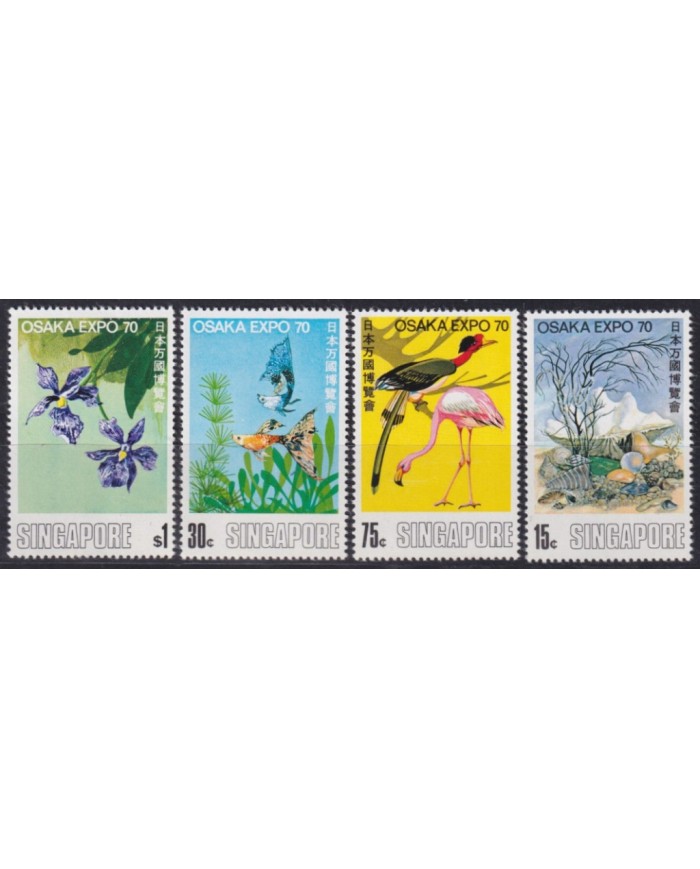 F-EX58706 SINGAPORE MNH 1970 OSAKA´70 PLANTS FLOWER FLORES FISH BIRD FLAMINGO.