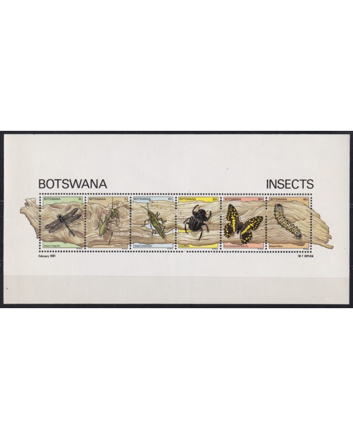 F-EX58324 BOTSWANA MNH 1981 DRAGONFLY BUTTERFLIES MANTID BEETLE INSECTS. CTS.