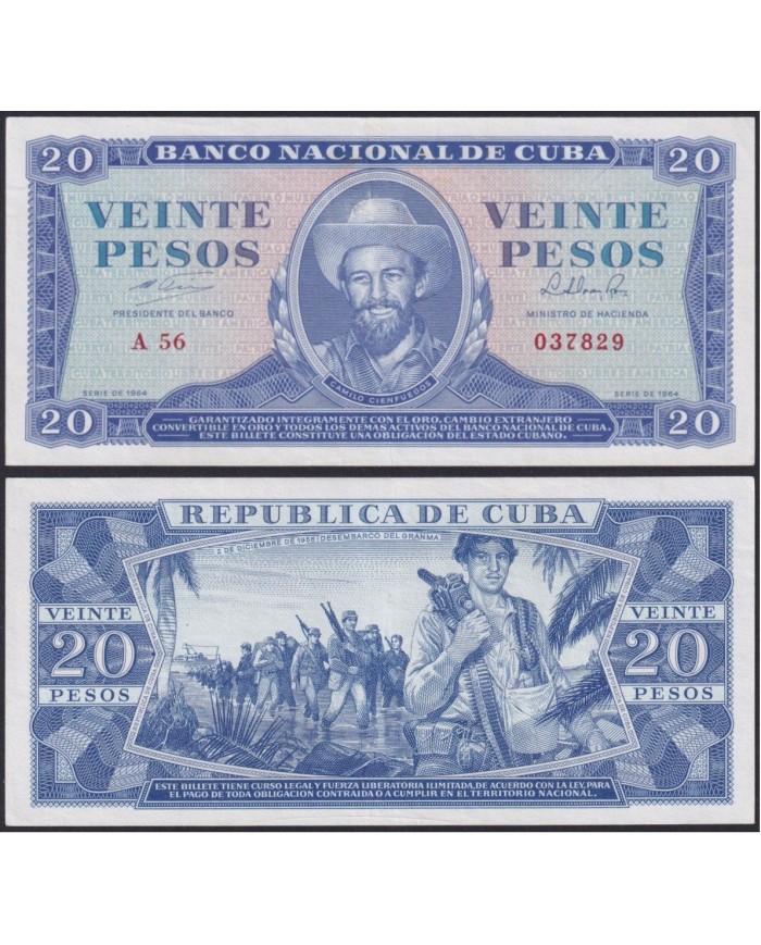 1964-BK-30 CUBA 20$ 1964 CAMILO CIENFUEGOS XF LIGERO DOBLEZ CASI IMPERCEPTIBLE AL CENTRO.