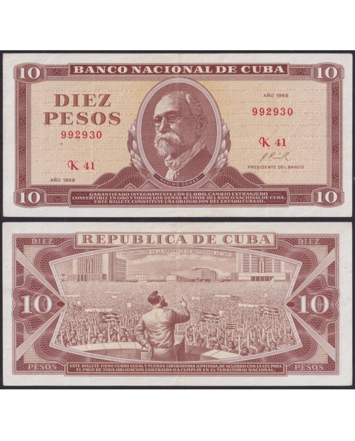 1968-BK-42 CUBA 10$ 1968 MAXIMO GOMEZ XF LIGERO DOBLEZ CASI IMPERCEPTIBLE AL CENTRO.