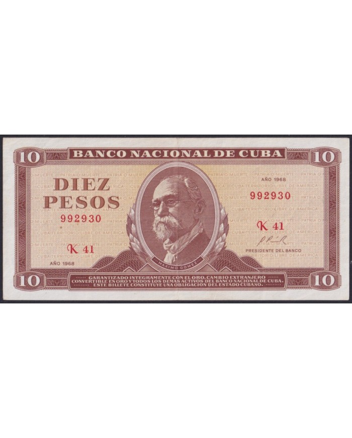 1968-BK-42 CUBA 10$ 1968 MAXIMO GOMEZ XF LIGERO DOBLEZ CASI IMPERCEPTIBLE AL CENTRO.