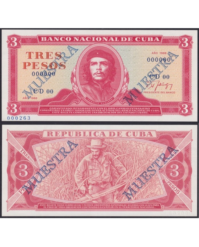 1988-BK-72 CUBA 3$ 1988 ERNESTO CHE GUEVARA MUESTRA PROOF UNC UNCIRCULATED.