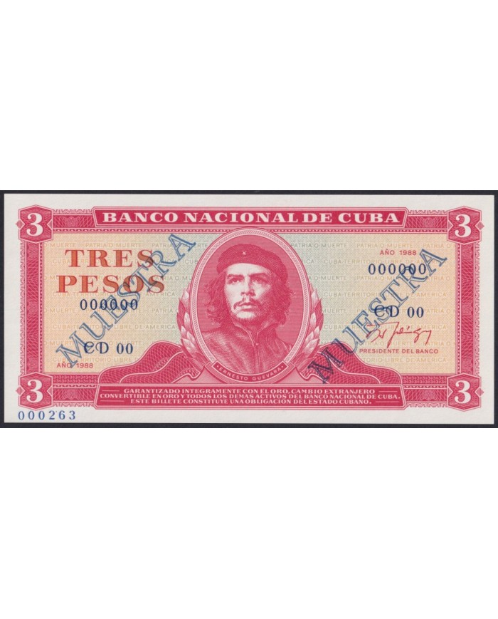 1988-BK-72 CUBA 3$ 1988 ERNESTO CHE GUEVARA MUESTRA PROOF UNC UNCIRCULATED.