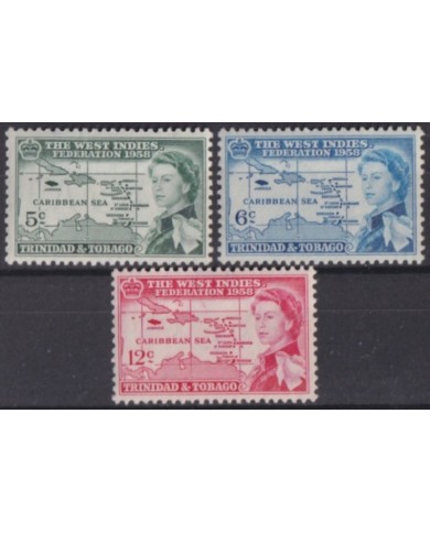 F-EX60163 TRINIDAD & TOBAGO IS MNH 1958 WEST INDIES FEDERATION MAP & QUEEN SET.