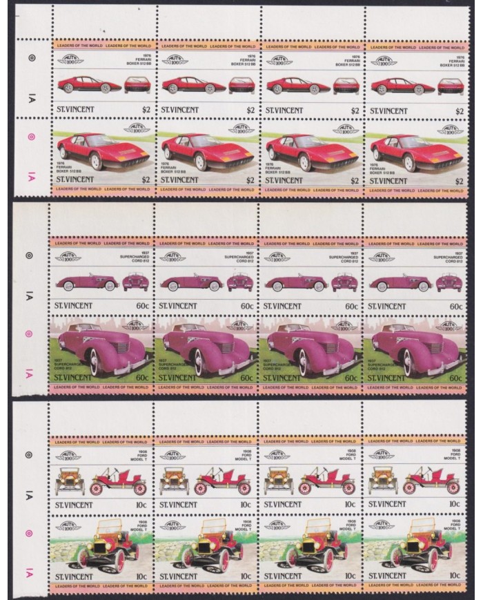 F-EX59738 ST VINCENT MNH 1985 CLASSIC CAR AUTOMOVIL TRIP OF 4.