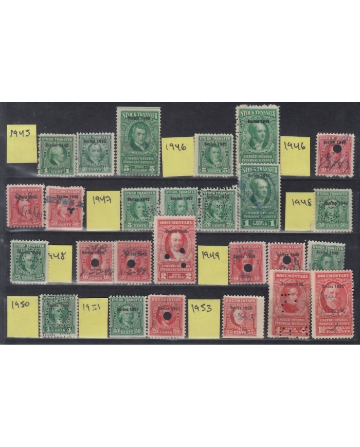 F-EX15296 US REVENUE DOCUMENTARY STOCK TRANSFERS 1945-1953 STAMPS LOT.