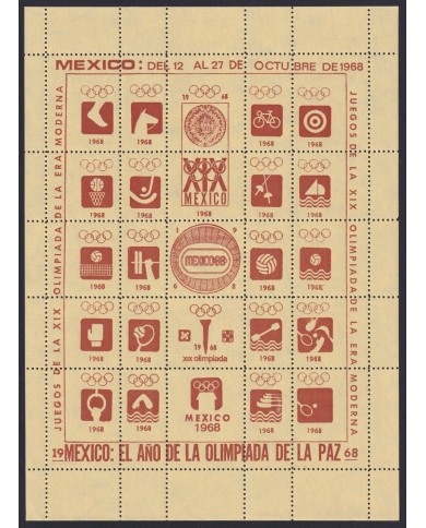 F-EX17813 MEXICO OLYMPIC GAMES 1968 CINDERELLA SPECIAL SHEET NO GUM.