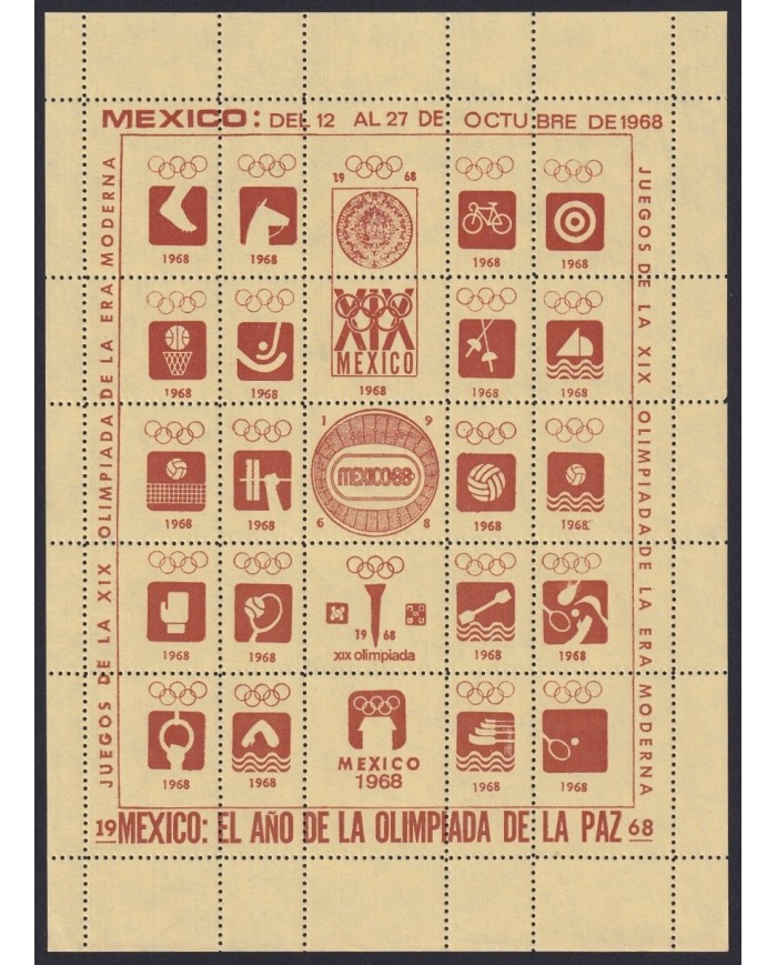 F-EX17813 MEXICO OLYMPIC GAMES 1968 CINDERELLA SPECIAL SHEET NO GUM.