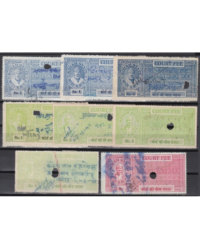 F-EX14132 INDIA REVENUE PRINCELY STATE STAMPS LOT COURT FEE 2as- 20 rupee. KOTAH.