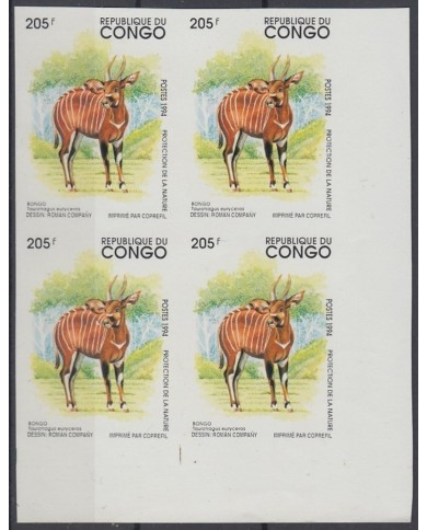 F-EX15055 CONGO 1994 MNH PROOF IMPERFORATED ANTILOPE BONGO BLOCK 4.