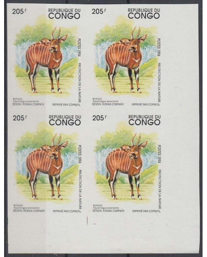 F-EX15055 CONGO 1994 MNH PROOF IMPERFORATED ANTILOPE BONGO BLOCK 4.