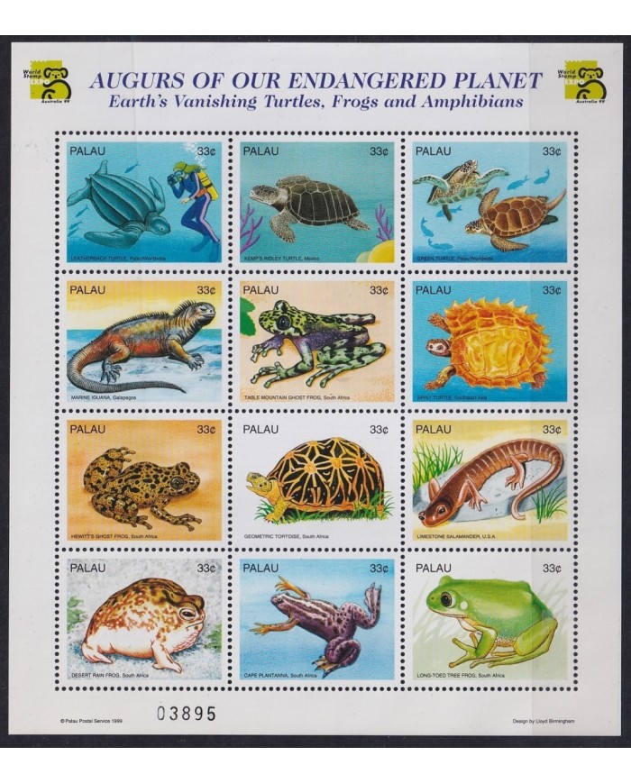 F-EX18329 PALAU MNH 1999 ANPHIBIAN FROG RANA TURTLES TORTUGAS MINI SHEET.