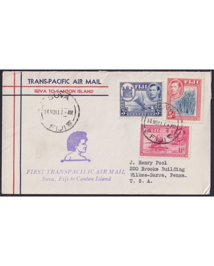 F-EX21454 FIJI TRANS-PACIFIC 1941 FIRST FLIGHT SUVA - CANTON ISLAND, US.