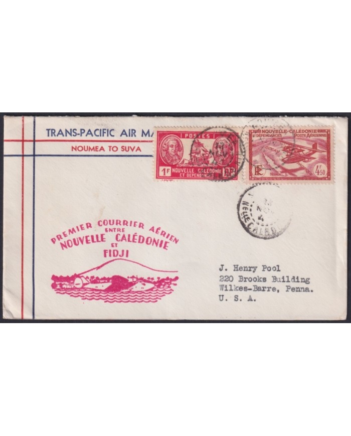 F-EX21458 NEW CALEDONIE TRANS-PACIFIC 1941 FIRST FLIGHT NOUMEA - SUVA, FIJI.