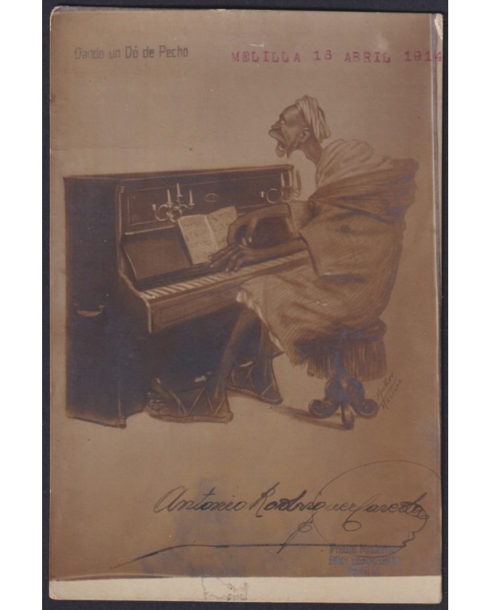 F-EX21459 SPAIN MOROCCO MELILLA 1914 MUSLIN SATIRIC POSTCARD.
