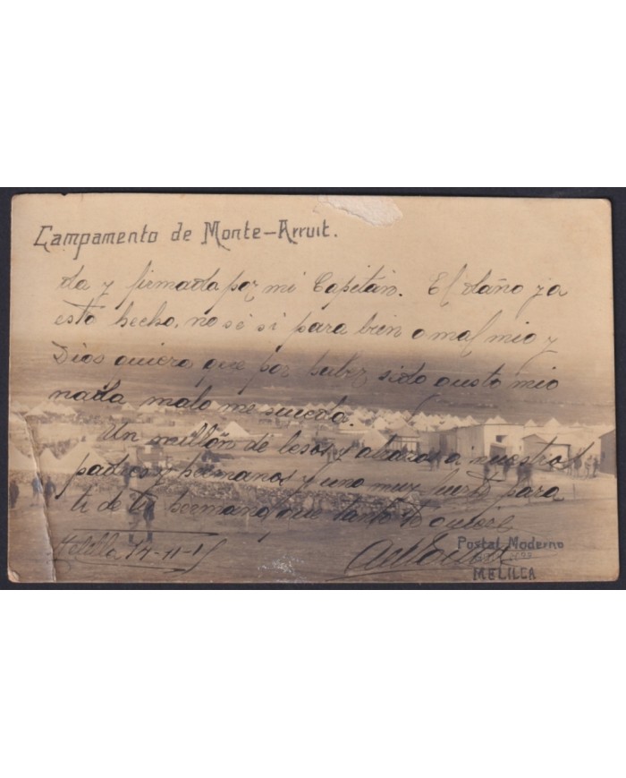 F-EX21460 SPAIN MOROCCO MELILLA 1914 MILITAR CAMP ARRUIT MOUNT POSTCARD.