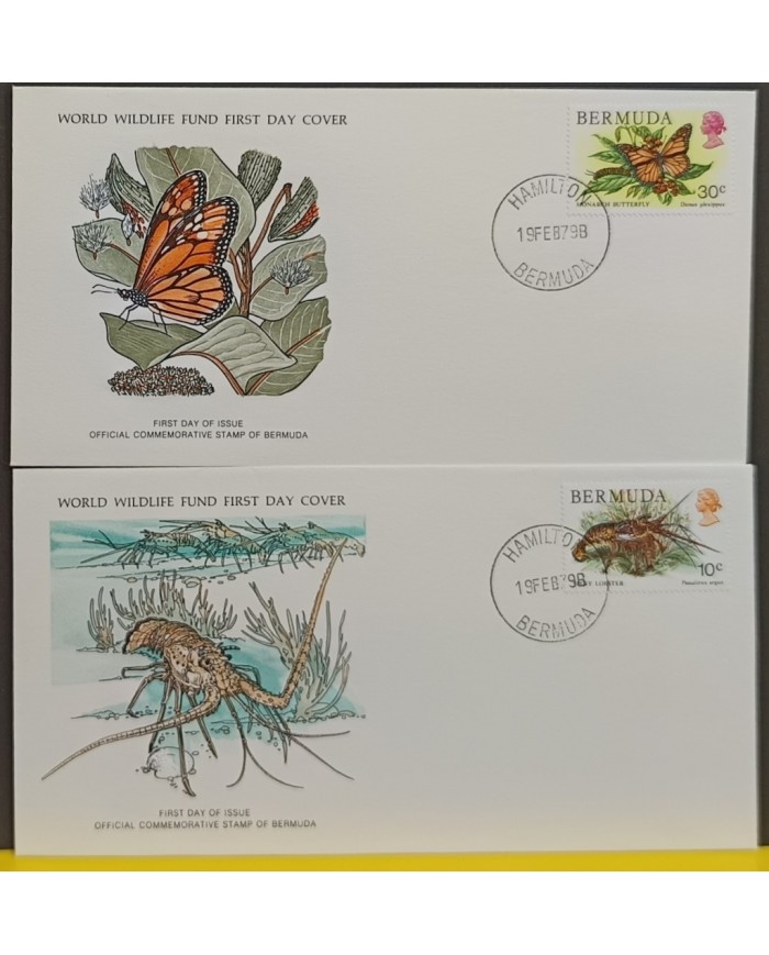F-EX60737 BERMUDA WWF 1979 FDC SPECIAL PRINTING MARINE WILDLIFE LOBSTER BUTTERFLIES.