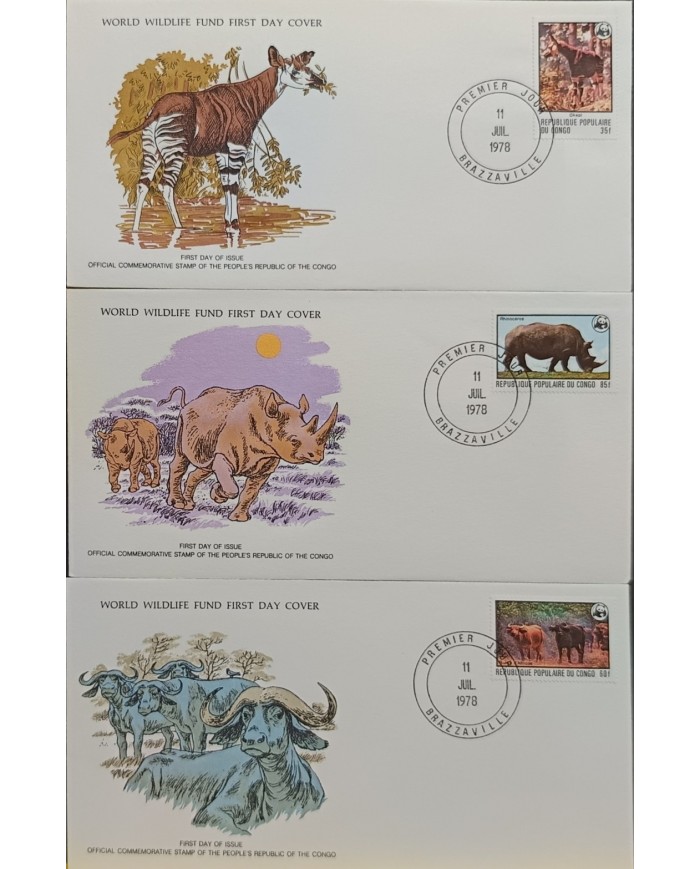 F-EX60742 CONGO WWF 1978 FDC SPECIAL PRINTING WILDLIFE RHINOCEROS OKAPI BULL.