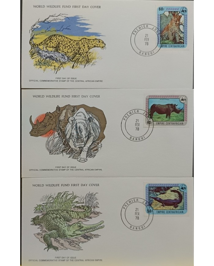 F-EX60743 CENTRAL AFRICA WWF 1978 FDC SPECIAL PRINTING WILDLIFE RHINOCEROS CROCODILE LEOPARD.