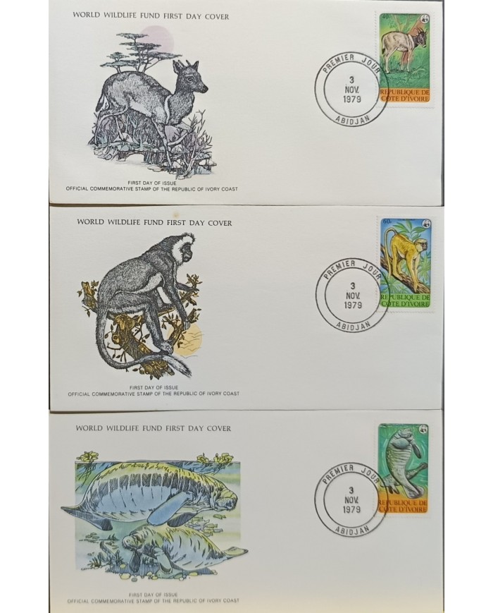 F-EX60749 IVORY COAST WWF 1979 FDC SPECIAL PRINTING WILDLIFE MONKEY MANATI.