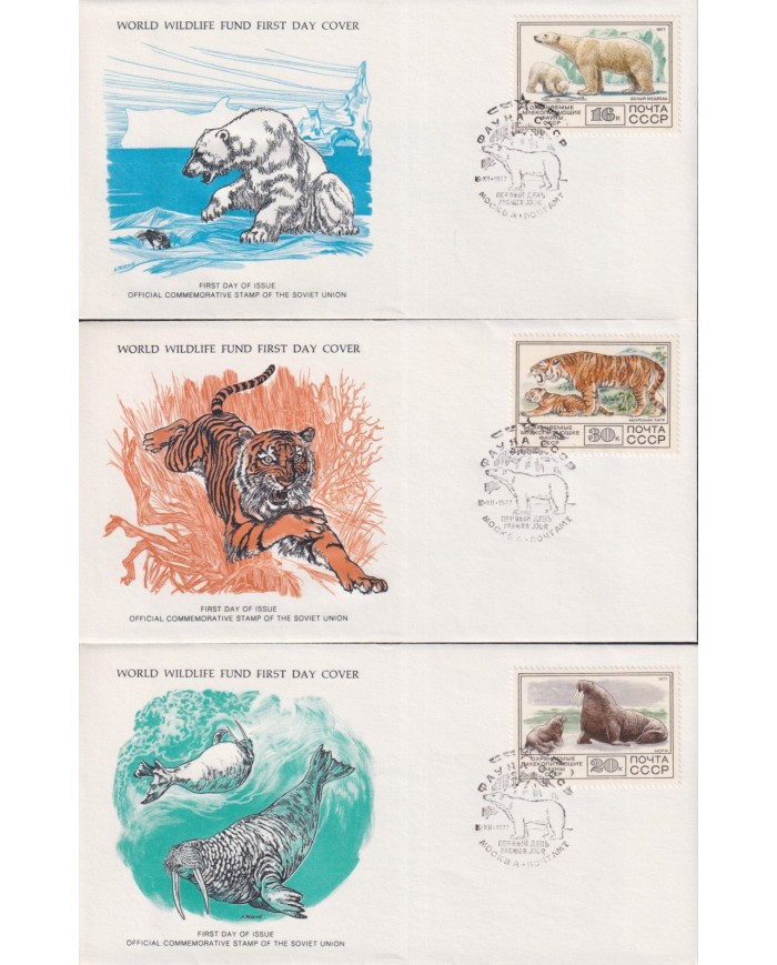 F-EX60788 RUSSIA WWF 1977 FDC SPECIAL PRINTING WILDLIFE POLAR BEAR TIGER MARINE LION.