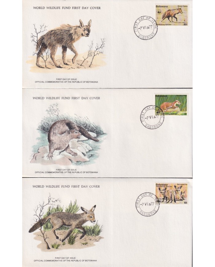 F-EX60793 BOTSWANA WWF 1977 FDC SPECIAL PRINTING WILDLIFE HYENA CLAWLES OTTER BAT FOX.