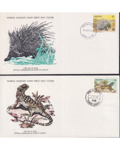 F-EX60801 LESOTHO WWF 1979 FDC SPECIAL PRINTING WILDLIFE SNIKE PORCUPINE LIZARD GECKO.