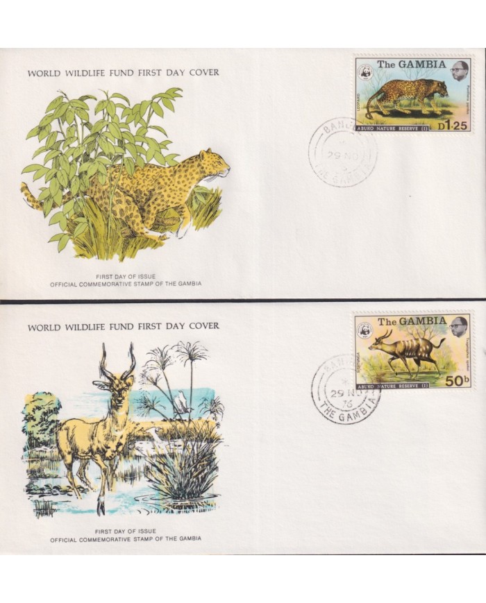 F-EX60806 GAMBIA WWF 1976 FDC SPECIAL PRINTING WILDLIFE LEOPARD SERVAL CAT ANTELOPE SITATUNGA.