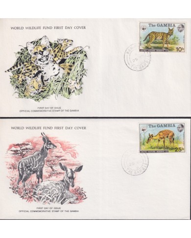 F-EX60806 GAMBIA WWF 1976 FDC SPECIAL PRINTING WILDLIFE LEOPARD SERVAL CAT ANTELOPE SITATUNGA.